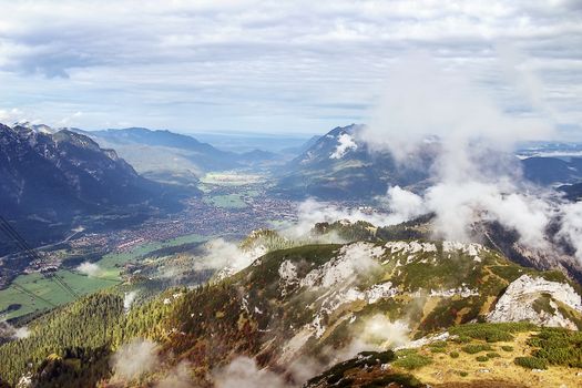 landscape of the Valley near Garmisch-Partenkirchen in the Bavarian Alps from Alpspitze mountain