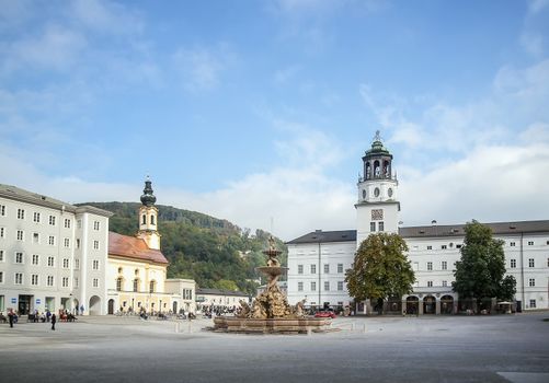 Residenzplatz is a large, stately square in the heart of the historic center of Salzburg. In the middle of the square sits a grand baroque fountain (Residenzbrunnen)