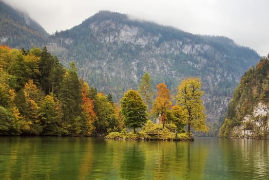 The Konigssee is a natural lake surrounded by high mountains in the extreme southeast of Bavaria, near the border with Austria, Germany