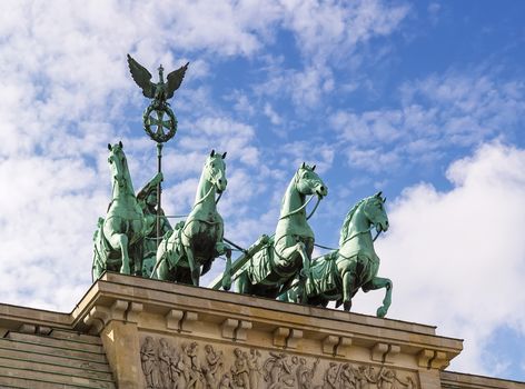 Quadriga. The Brandenburg Gate is a former city gate, rebuilt in the late 18th century as a neoclassical triumphal arch, and now one of the most well-known landmarks of Germany.