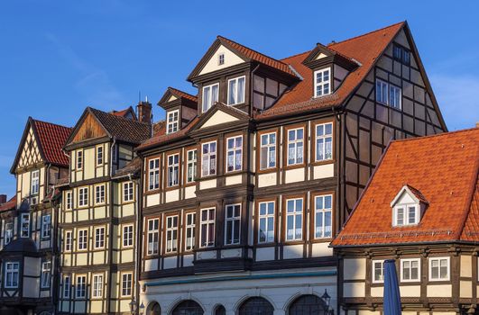 the street with half-timbered houses in Quedlinburg, Germany. In downtown a wide selection of half-timbered buildings from at least five different centuries are to be found