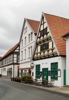 The street with historical half-timbered houses in the old city of Lemgo, Germany