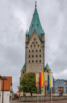 Catholic Paderborn Cathedral  is mainly of the 13th century. The western tower of the 12th century is 93 m high. 