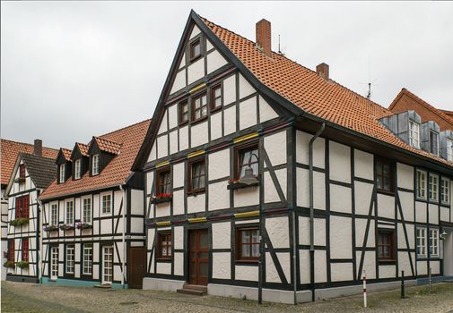 The street with historical half-timbered houses in the old city of Paderborn, Germany