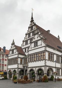 the Renaissance town hall was constructed in 1616 on a market square of the city of Paderborn, Germany