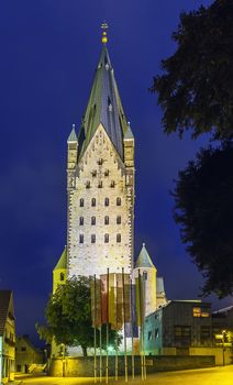 Catholic Paderborn Cathedral  is mainly of the 13th century. The western tower of the 12th century is 93 m high. In the evening