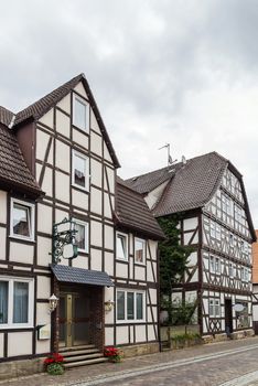 The street with historical half-timbered houses in Wolfhagen, Germany