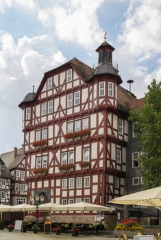 Historical half-timbered houses in downtown of Melsungen, Germany