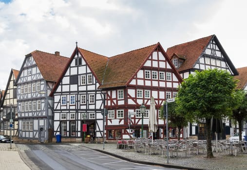 Historical half-timbered houses in downtown of Melsungen, Germany