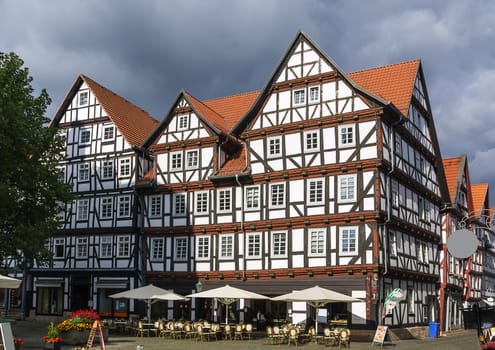 Historical half-timbered houses in downtown of Melsungen, Germany