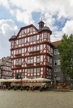 Historical half-timbered houses in downtown of Melsungen, Germany
