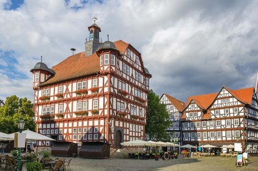 Historical half-timbered houses in downtown of Melsungen, Germany