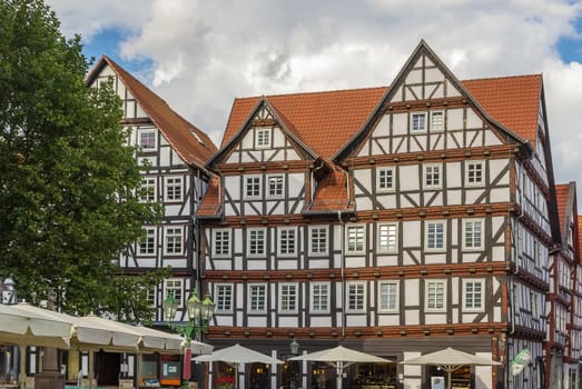 Historical half-timbered houses in downtown of Melsungen, Germany