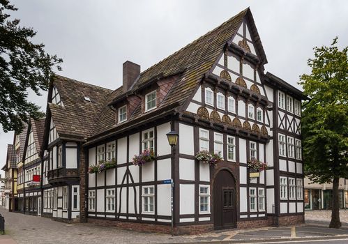 Street with picturesque half-timbered houses in Hoxter, Germany