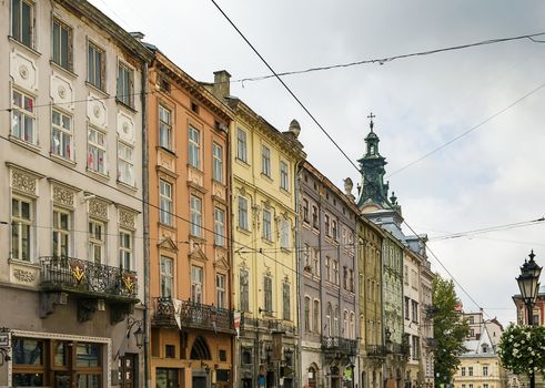 ancient houses on a market square in Lviv, Ukraine