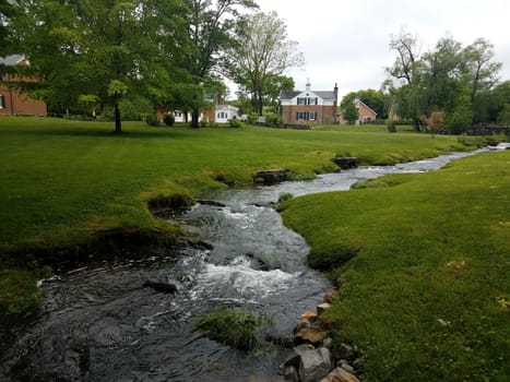 green grass or lawn with flowing river or stream or creek