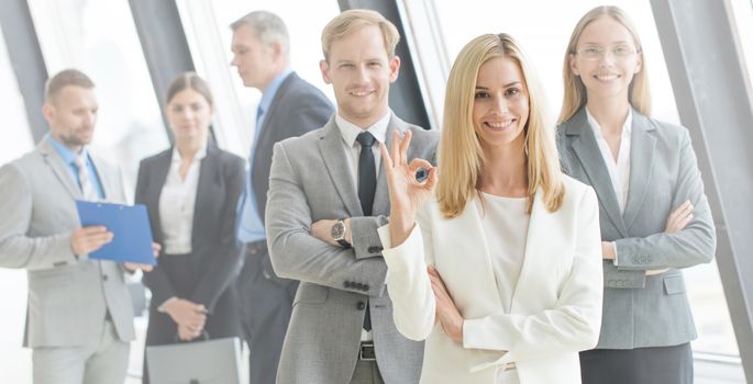 Business, people, gesture and teamwork concept - smiling businesswoman showing ok sign with group of businesspeople in office