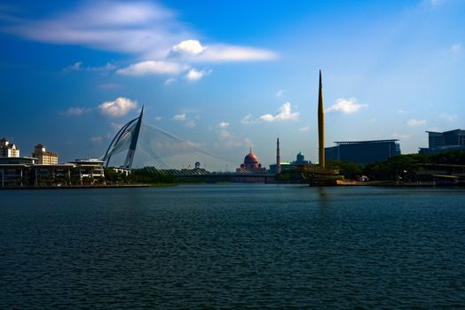 Putrajaya lake with Seri Wawasan Bridge millenium monument and Putra Mosque