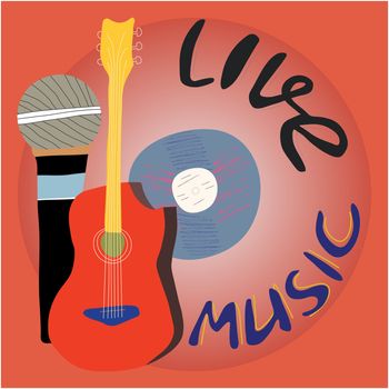 Vinyl disk with lettering live music. Microphone and guitar illustration. Music festival poster template. Rock, jazz concert, vector design brochures, flyers or cards. Musical instruments and lettering sketch round composition.