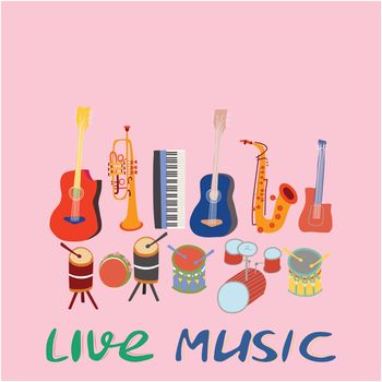 Music instruments with lettering lvie music on pink background. Rock, jazz concert, vector design brochures, flyers or cards. Musical instruments and lettering composition.