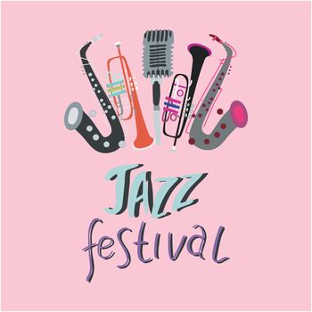 Trumpet, saxophone and mic with lettering jazz festival. Music festival poster template. Rock, jazz concert, vector design brochures, flyers or cards.