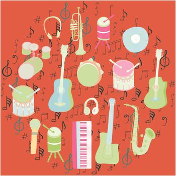 Set of vector musical instruments. Round shape with musical notes. Round shape with hand drawn sketch. Coral background. r design posters, flyers or cards.