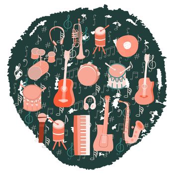 Set of musical instruments on textured background. Hand drawn sketch collected in a round shape. design posters, flyers or cards.