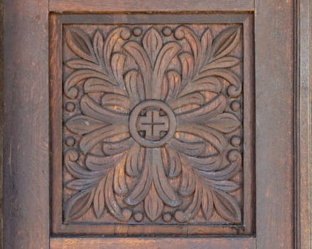 Close up of wooden panel decoration in northern Romania.