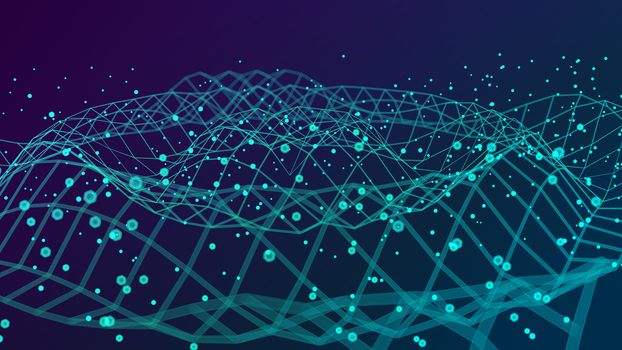 Abstract big data futuristic light wallpaper background design. Science dark pattern with structure mesh and circles. Modern business space dots illustration. 3D render