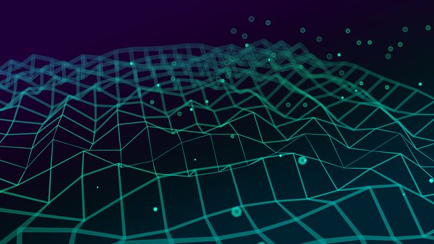 Abstract big data futuristic light wallpaper background design. Science dark pattern with structure mesh and circles. Modern business space dots illustration. 3D render