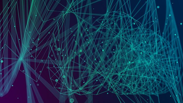 Abstract big data futuristic light wallpaper background design. Science dark pattern with structure mesh and circles. Modern business space dots illustration. 3D render