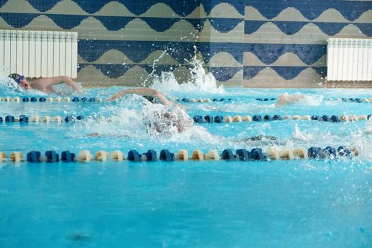 Children swimming freestyle. Indoor swimming pool with clear blue water.