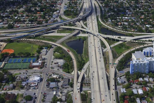 View from above of roads junction in Miami downtown.