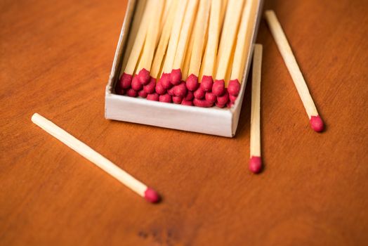 Matches on wooden table background.