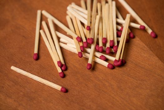 Matches on wooden table background.