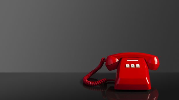 Emergency call 911 on the telephone, red old vintage telephone on black background and mirror desk, emergency call concept. 