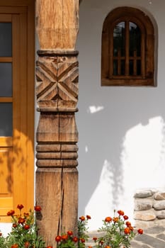 Barsana Monastery Architectural Detail - Carved Wooden Column (Maramures, Romania).