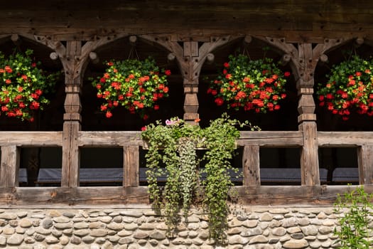 Barsana Monastery Architectural Detail - Balcony with Flowers(Maramures, Romania).