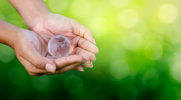 Concept Save the world save environment The world is in the hands of the green bokeh background