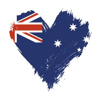 Grunge brushstroke painted illustration of heart shaped distressed Australian flag isolated on white background
