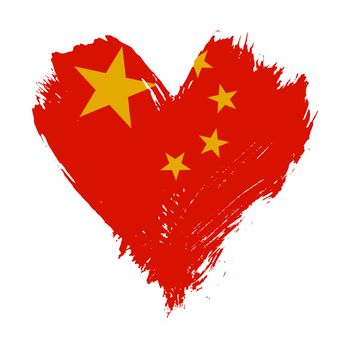 Grunge brushstroke painted illustration of heart shaped distressed Chinese flag isolated on white background