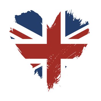Grunge brushstroke painted illustration of heart shaped distressed United Kingdom flag isolated on white background