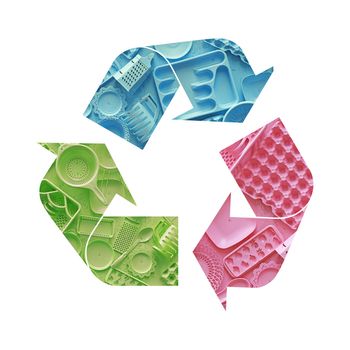 Illustration recycling symbol of multicolor plastic disposable tableware isolated on white background