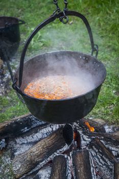 Hot cauldron with goulash soup over the fire