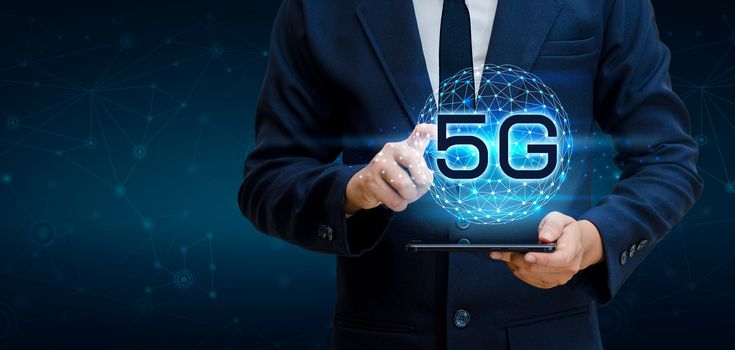 phone 5g Earth businessman connect worldwide waiter hand holding an empty digital tablet with smart and 5G network connection concept