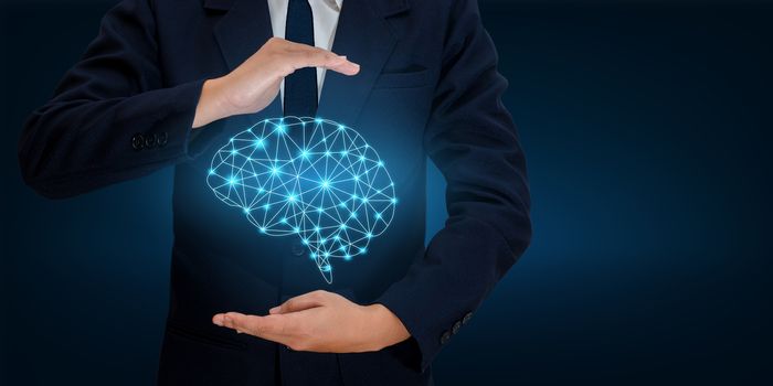 AI Hand Businesspeople press the phone. Brain Graphic Binary Blue Technology