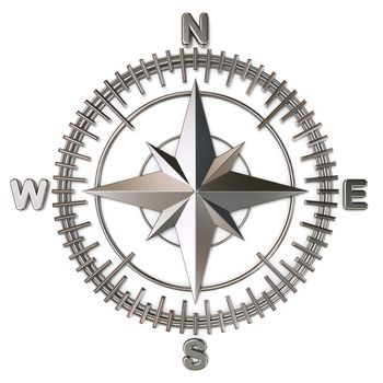 Metallic compass rose 3D render illustration isolated on white background