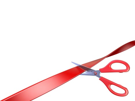 Scissors cutting red ribbon 3D render illustration isolated on white background