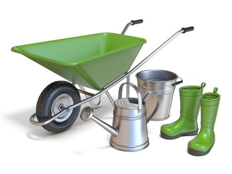 Wheelbarrow with gumboots, watering can and metal bucket 3D render illustration isolated on white background