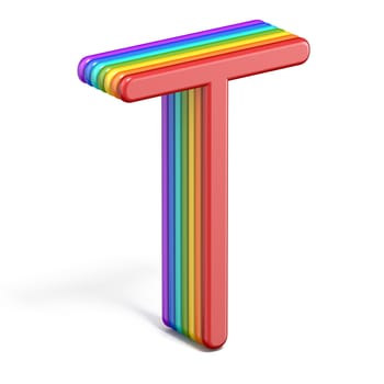 Rainbow font letter T 3D rendering illustration isolated on white background